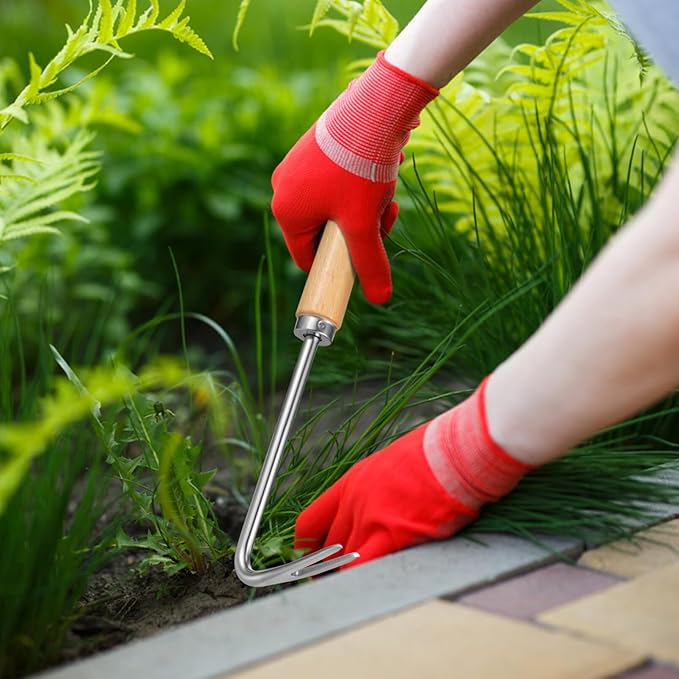 Happyyami Hand Weeding Weeder Tools Garden with Handle Edging Tool Pulling Tool Beech Handle Lawn Yard Gardening Tool Garden Hand Cultivator Hand Tiller Weeder