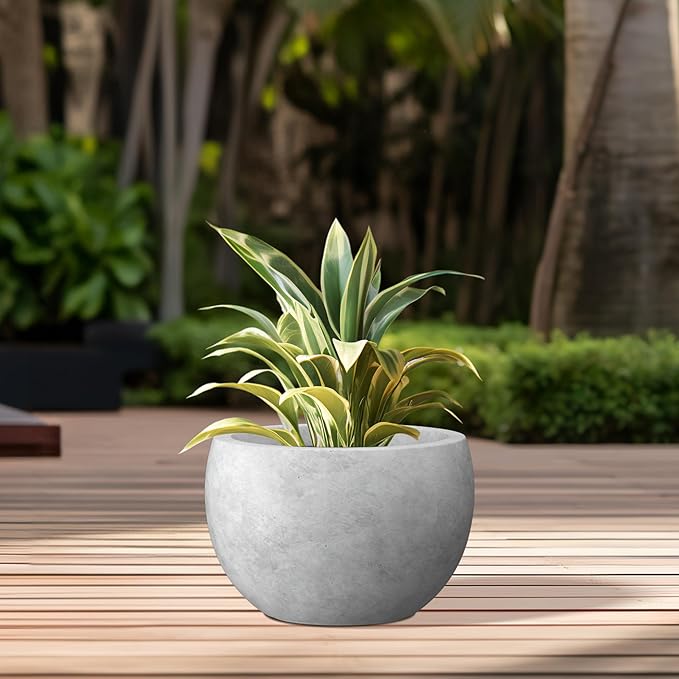 Kante 15.7" Dia Round Concrete Planter, Outdoor/Indoor Large Bowl Plant Pots with Drainage Hole and Rubber Plug for Garden Patio Balcony Home, Natural Concrete