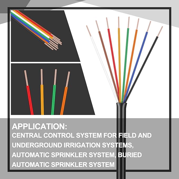 Hoolerry Solid Sprinkler System Wire 18 Gauge Irrigation Wire with UV Resistant PVC Jacket Sprinkler Cable for Underground Irrigation Field Central Control System 30v Ul Listed(18/8, 250 Ft)