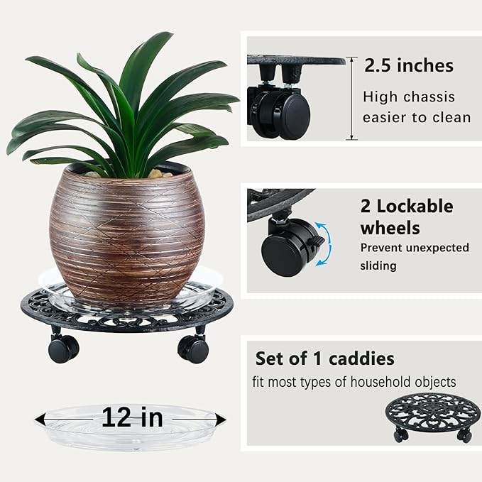 14 Inch Rolling Plant Stand with Wheels Metal Plant Caddy with Wheels Heavy Duty Round Plant Stand Indoor Iron Plants Rollers for Plants, Plant Dolly with Plant Saucers 1 Pack