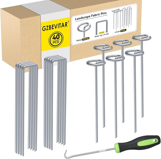 Landscape Fabric Pins Combo - 8 Inch Circle Top Pins & U-Pins, Thicker 8 Gauge Galvanized Weed Barrier Staples, Wider 1.5-Inch Top Garden Support Stakes (20 Circle Top+20 U Shape)