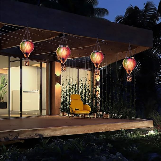 pearlstar Hot Air Balloon Solar Lantern with Flickering Flame Light Outdoor Solar Hanging Lights Waterproof for Garden Yard Farmhouse Patio Pathway Outside Decoration,Glass, Multicolor
