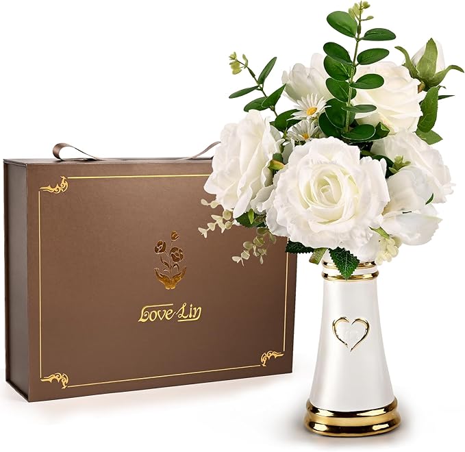 LoveLin Artificial Faux Flowers with Ceramic Vases，Affordable Luxury Artwork，Housewarming New Year Xmas Box for Wife Father，Living Dining Room Bedroom Office Hotel Home Decor White