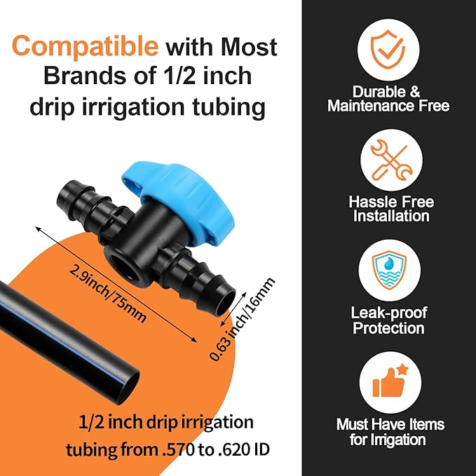 8 Pack Drip Irrigation 1/2 Inch Barbed Shut Off Valve, Drip Line 1/2" In-Line Ball Valve Parts for 1/2 Inch 16mm Drip Irrigation Tubing (.570-.620" ID) for Drip Sprinkler Systems