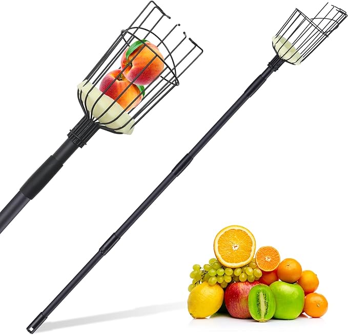 Fruit Picker Pole Tool with Basket, 9.6 FT (116 Inch) Adjustable Fruit Grabber Reacher Tool Long Handle Fruit Catcher for Apple Lemon Pear Citrus Mango Tree Gardening Supplies, Black