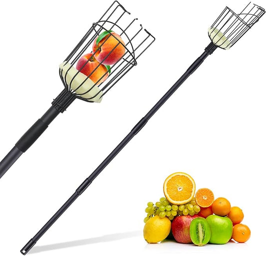 Fruit Picker Pole Tool with Basket, 9.6 FT (116 Inch) Adjustable Fruit Grabber Reacher Tool Long Handle Fruit Catcher for Apple Lemon Pear Citrus Mango Tree Gardening Supplies, Black