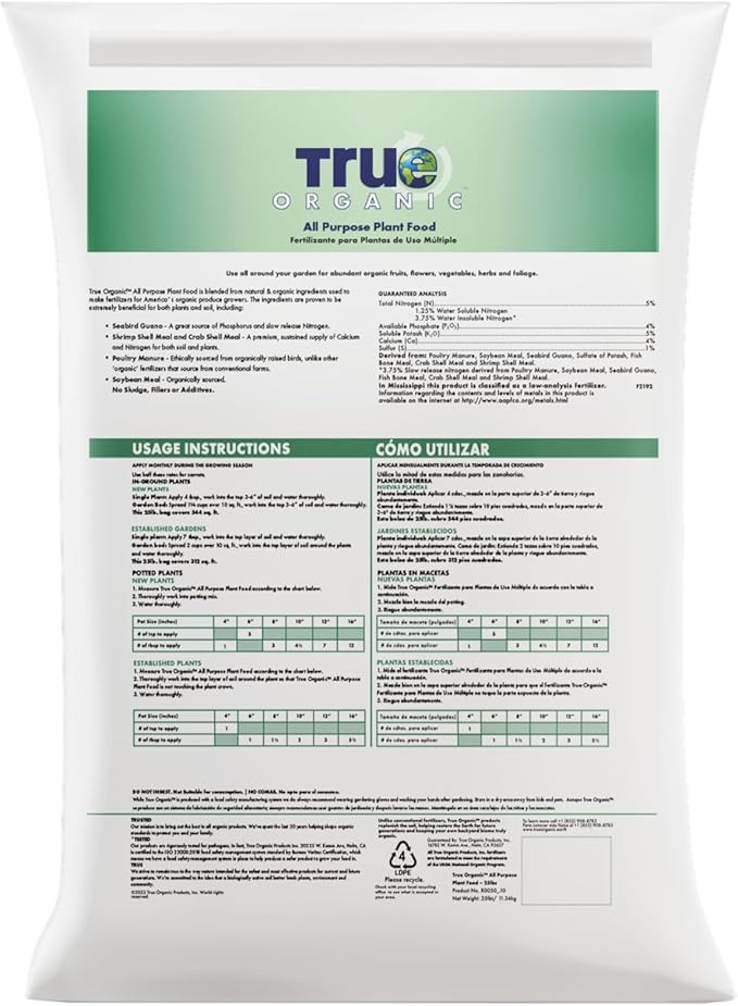 True Organic All Purpose Plant Food – Organic Fertilizer for Fruits, Vegetables, Flowers, and Herbs – 25lb Bag Covers 544 sq. ft.