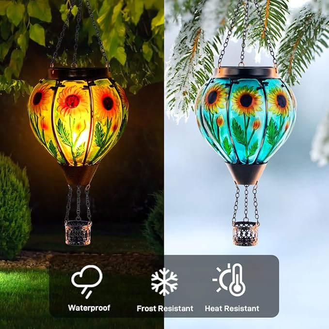 Starsoul 2 PC Sunflowers Hot Air Balloon Solar Lantern with Flame Glass Hanging Outdoor Hot Air Balloon Solar Light Waterproof Garden Patio Yard Party Decorations