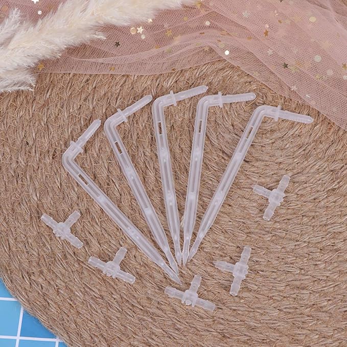 10 Sets White Drip Emitters with 3-Way Connector Curved Arrow Dripper Potted Plants Bend Sprinklers Garden Automatic Irrigation System for 4/7mm Hose Patio Watering Cooling Irrigation Kit