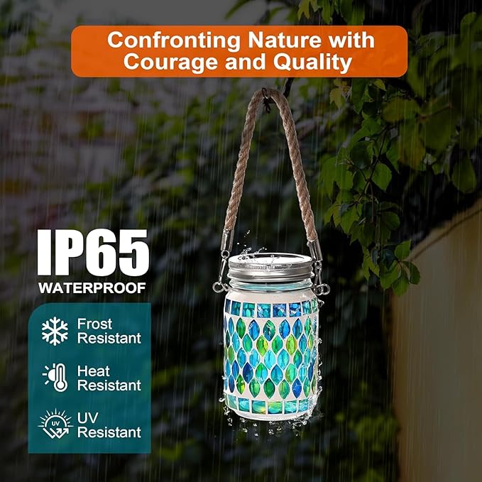 Cooo 2 Pack Mosaic Solar Lanterns Outdoor Waterproof Jar Lights Solar Powered, Hand Paste 141 Crystal Mosaics Table Hanging Garden Backyard Decor Lamps （Just Little More, Get Double The Delight ）