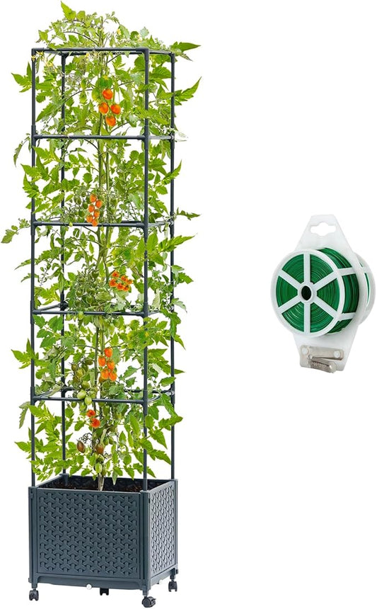 Raised Garden Bed with Tomato Planter Cage, 67.6" Trellis Planter Boxes with Wheels for Outdoor Patio Greenhouse Gardening Climbing Vegetables