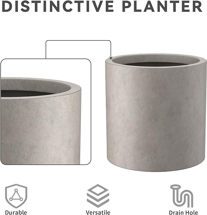Kante 9.8" Dia Round Concrete Planter, Modern Style Large Cylindrical Plant Pot with Drainage Hole and Rubber Plug for Indoor Outdoor Patio, Weathered Concrete