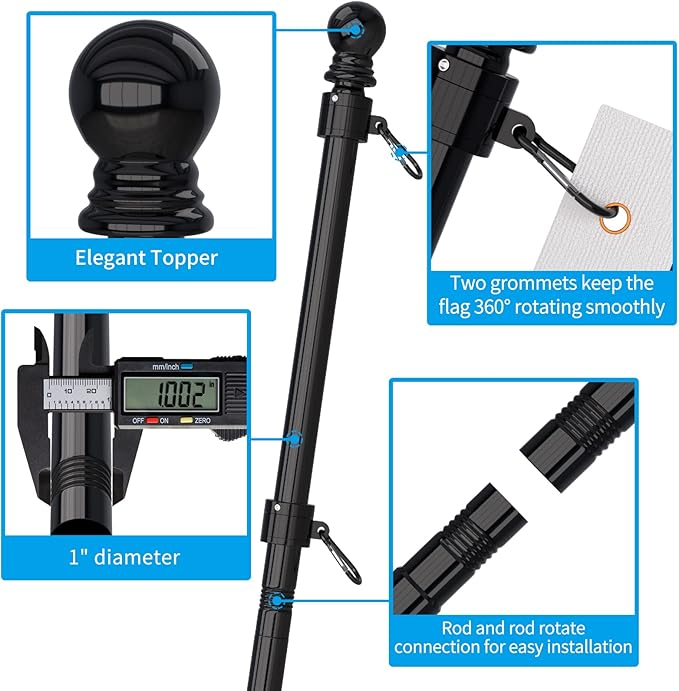 ZMTECH 2 Pack 5FT Flag Pole Kit with Solar Light and Proud American Flag, Adjustable Bracket and Upgraded Tangle-Free Ring 1" Stainless Steel Flagpole for Day and Night, Residential, Commercial, Black