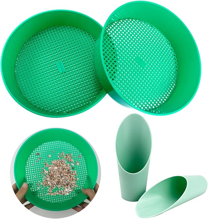 LNQ LUNIQ 4pcs Garden Soil Sifting Tray and Sand Sifter Set with Cylindrical Shovel - Ideal for Small Gravel, Soil and Sand Sifting, Seeding Work