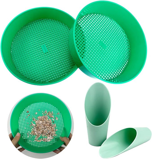 LNQ LUNIQ 4pcs Garden Soil Sifting Tray and Sand Sifter Set with Cylindrical Shovel - Ideal for Small Gravel, Soil and Sand Sifting, Seeding Work