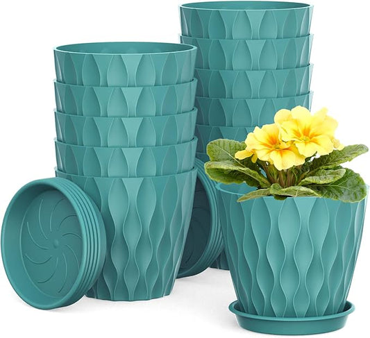 12 Pack 4 Inch Small Plant Pots with Saucers, 3D Textured Plastic Planters with Drainage Holes for Indoor and Outdoor Plants, Flowers, Herbs, Succulents, and Seedlings, Blue