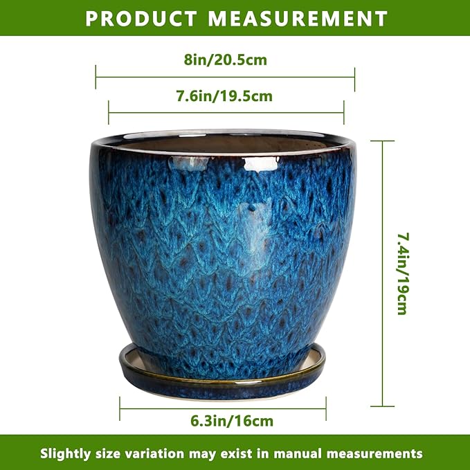 8 Inch Ceramic Planter Pot with Drainage Hole and Saucer, Ceraimc Plant Pot Round Flower Pot for Indoor Plants Outdoor Garden Planter, Blue