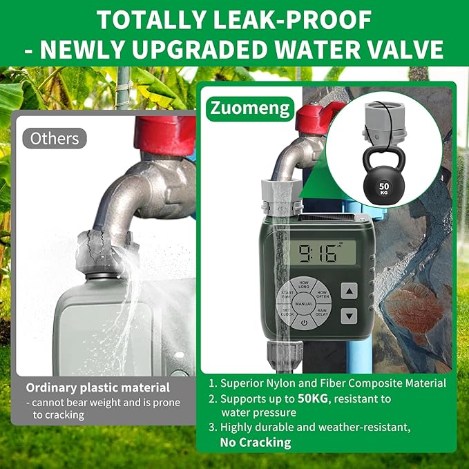Sprinkler Timer, Zuomeng Water Timer for Garden Hose with Dual Power Design, Professional Anti-Leak Technology, Smart Irrigation with Rain Delay, Automatic/Manual Mode for Efficient Watering, Green