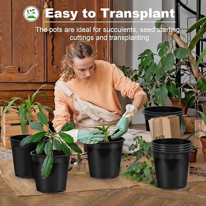 1/2/3/5/7 Gallon Pots for Plants, 1 Gallon Plastic Nursery Pot with Drainage Holes, Sturdy Plastic Plant Pots for Nursery Garden, Flowers, Succulent Outdoor Indoor (Black, 1 Gal- 10 Pack)
