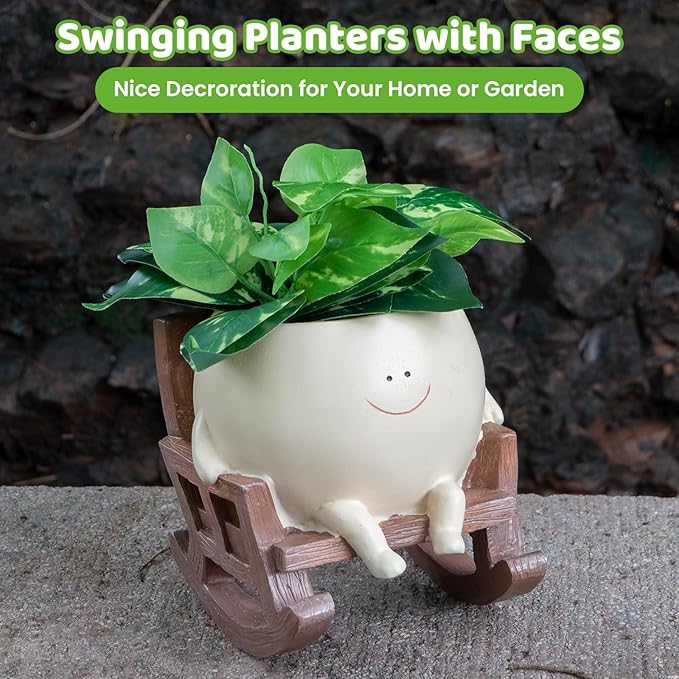 Large Smiley Face Planter Pot, Cute Resin Flower Head Planters for Indoor Outdoor, Unique Rocking Chair Plant Pot for Succulents Plants Live with Drainage Hole, Gift IdeaI for Mother Christmas
