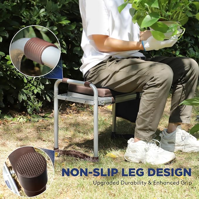 Foldable Garden Kneeler and Seat, Heavy Duty Garden Stool with 10" Wide Detachable Kneeling Pad, Portable Garden Bench Chair with Large Garden Tool Bag, Gardening Gifts for Women, Seniors