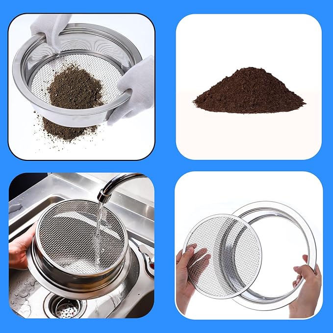 Soil Sieve Sifter Set Stainless Steel,Garden Sieve Set with 3 Interchangeable Mesh 3,6,9mm,Sifting Screen for Dirt, Sand, Rock, Filtration, Compost, with Soil Scoops Gardening Tool