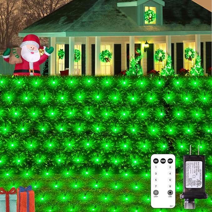 JMEXSUSS 360 LED Green Net Lights Outdoor, Connectable 12ft x 5ft Christmas Net Lights Plug in with Remote, 8 Modes Waterproof Green Christmas Lights for Bushes Christmas Halloween Decorations