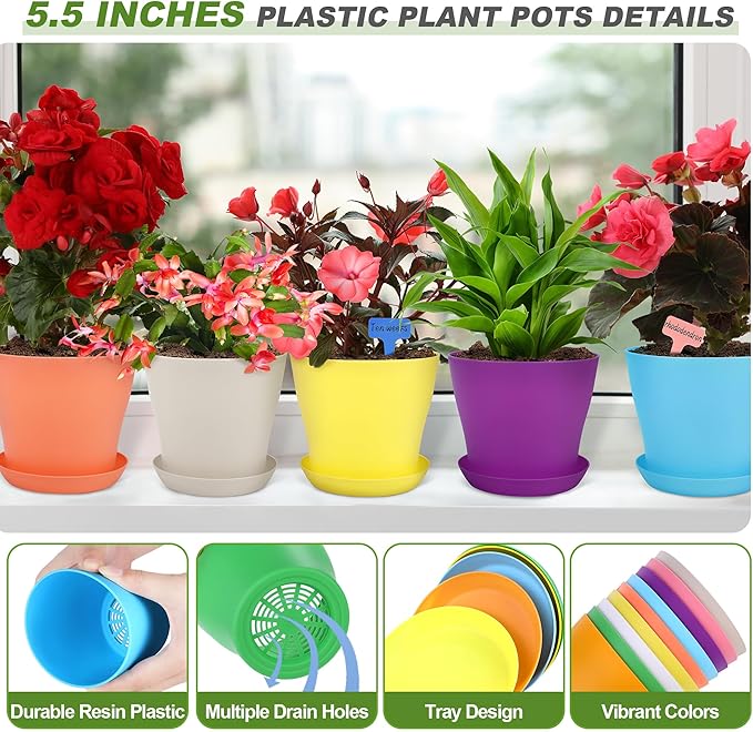 36 Pack 5.5 Inch Plastic Plant Pots with Saucers Colorful Flower Plant Container Seed Starting Pots Thickened Seedlings Nursery Pots for Home Garden Indoor Outdoor Flowers, 9 Colors