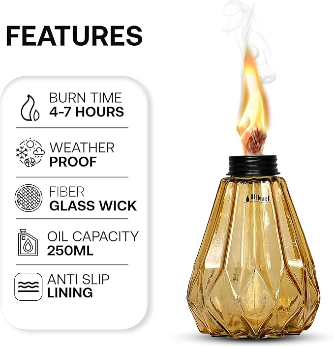 Deco Window Pack of 3 Table Torch for Indoor Outdoor Citronella Oil Tabletop Glass Lamp Landscape Yellow Lantern with Fiberglass Wick & Cap for Garden Patio Yard Party Decor Light