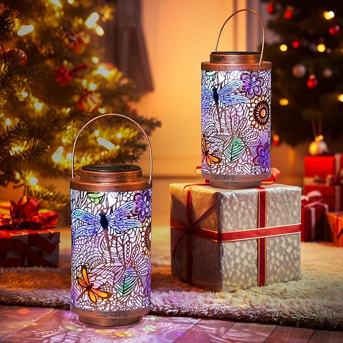 Go2garden 2Pack Solar Outdoor Lanterns Waterproof Dragonfly Garden Gifts for Women Patio Decor Lights Metal Lantern for Yard, Tabletop, Porch, Outside,Mothers Day Gifts for Mom Women