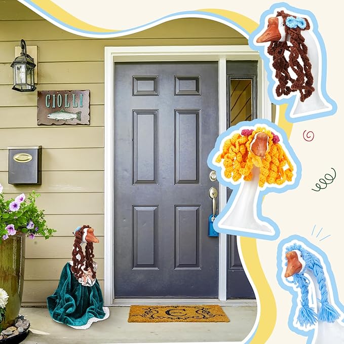 3 Pcs Porch Goose Outfit, Cute Porch Goosey Braid Wig, Crochet Hook Portico Goose Wig for Lawn Goosey Garden