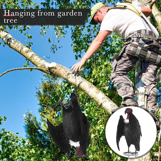 Tenceur 1 Piece Faux Vulture Effigy 18'' Large Fake Vulture Decoys Simulated Full Feathered Realistic Bird Black Hanging Faux Bird Scarecrow for Yard Roofs Trees Garden