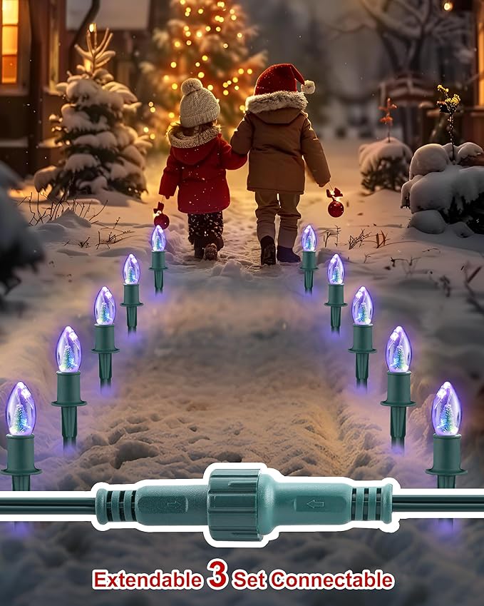 VCOKEN Christmas Pathway Lights Outdoor, 24.5FT Connectable C9 Christmas Lights with 20 LED and Stakes, Multicolored Waterproof C9 Christmas Walkway Lights Outdoor Decorations for Lawn Yard Sidewalk