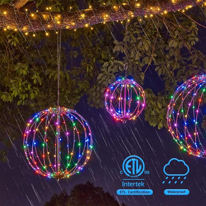 Christmas Ball Sphere 16IN 128LED Hanging Tree Light and Pathway Lights - Foldable Metal Frame, White, RGB