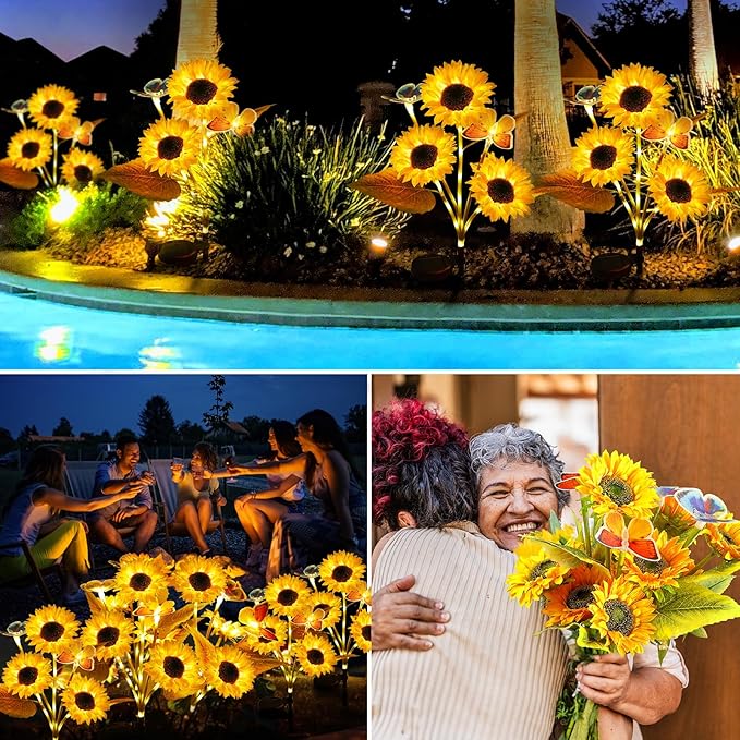 Solar Flower Lights Outdoor Garden Decor, FabStyl 2 Pack Sunflower Decor with 4 Butterfly, Solar Garden Lights Outdoor Waterproof Decorative for Pathway, Yard, Patio, Gifts for Mom Women