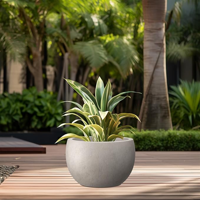 Kante 11.8" Dia Round Concrete Planter, Outdoor/Indoor Large Bowl Plant Pots with Drainage Hole and Rubber Plug for Garden Patio Balcony Home, Weathered Concrete