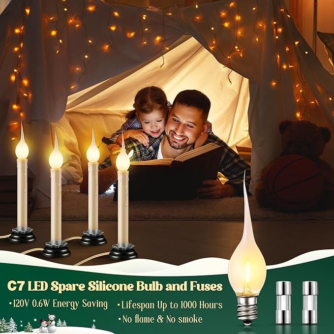 Enhon 4 Pack Rustic Country Candle Lights with Replacement Silicone Bulb, C7 0.6W Electric LED Christmas Window Candles Plug in, UL Certification Warm White Candlestick Lamp, 5 FT Cord, On/Off Switch