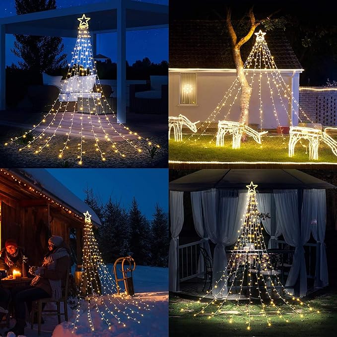 Toodour Christmas Decorations Outdoor Star Lights, 317 LED 10ft X 9 Waterfall Tree Lights with 12" Topper Star, 8 Lighting Modes Outside Christmas Lights for Yard Garden Holiday Decor (Warm White)