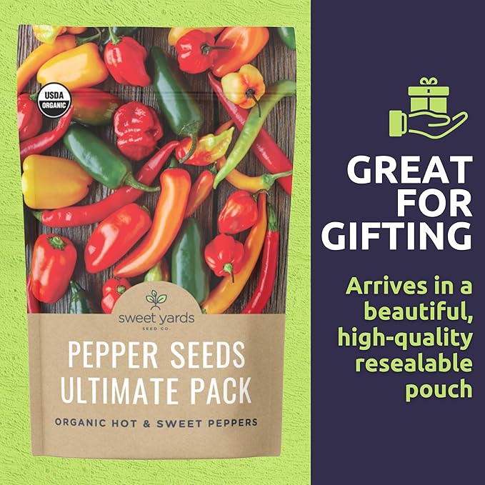 Organic Pepper Seeds (Sweet and Hot) Variety Pack - 14 Individual Packs - 2025 Season - Cayenne, Orange Habanero, Shishito and More! for Indoor & Outdoor Planting (Non-GMO, Certified Organic)