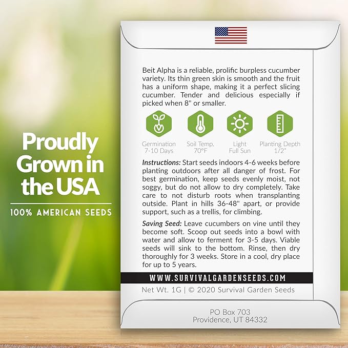 Survival Garden Seeds - Beit Alpha Cucumber Seed for Planting - Pack with Instructions to Plant and Grow Smooth Green Burpless Cucumbers in Your Home Vegetable Garden - Non-GMO Heirloom Variety - 2