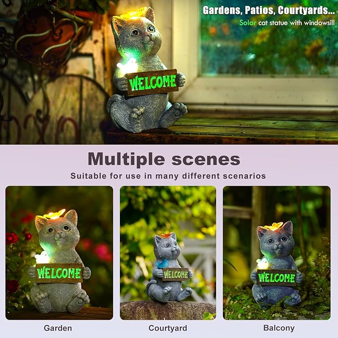 Solar Cat Figurine Garden Statues : Outside Welcome Cat Statue with Butterfly for Garden Decor and Yard Decorations - Unique Gifts for Women and Mom