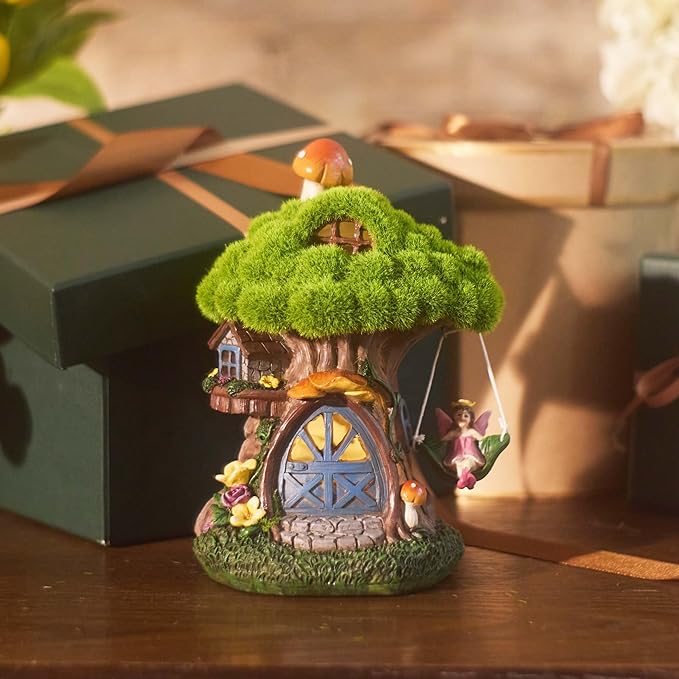 TERESA'S COLLECTIONS Fairy House Outdoor Statues with Solar Light for Garden Decor, Green Moss Resin Outdoor Cottage with Swinging Fairy, Lawn Ornaments Yard Decor Gifts for Mom Women, 8"