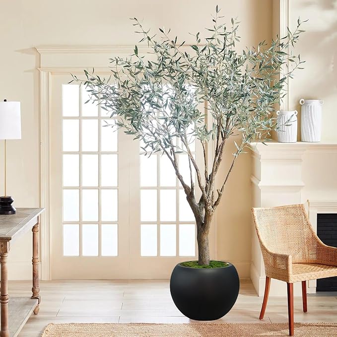 13.5 H x 17" Dia (12" Pot Opening) Round Fiberstone Planter with Drainage Hole, Black, Indoor/Outdoor Large Plant Pot for Home Patio Garden, Ideal for Large Plants