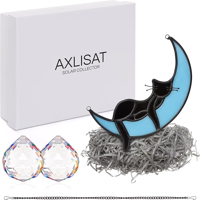 Black Cat Decor On Blue Moon Stained Glass for Window, Crystals Suncatchers for Window Ball Prism Rainbow Maker Chain Easy Hanging, 2 Balls and 1 White Gift Boxe for Cat Lovers Halloween Decor