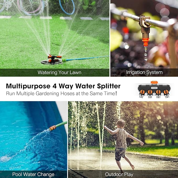 VIVOSUN Garden Hose Splitter 4 Way, Heavy Duty Water Hose Connector 3/4", Water Hose Manifold, Faucet Adapter with Comfortable Rubberized Grip for Drip Irrigation, Lawns