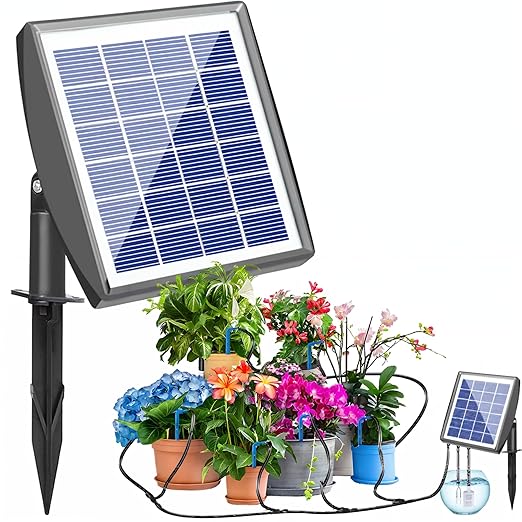 Solar Irrigation System, Plant Watering Devices Solar Powered Automatic DIY 50-Inch Watering System, A Garden Watering System with 6 Timing Modes for Outdoor Gardens, Vegetables, Greenhouses