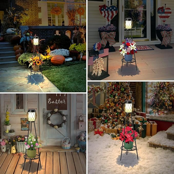 Solar Lights Outdoor Street Lights with Plant Stands 2 Pack, Solar Floor Lamp Metal Tripod Patio Lights for Garden Yard Pathway Driveway Front/Back Porch Decoration