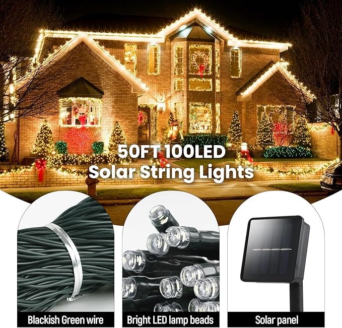 Solar String Lights for Outside, 2 Pack 100 Led Solar String Lights Outdoor Waterproof 100ft Solar Fairy Lights 8 Lighting Mode Solar String Lights Idea for Garden,Courtyards,Trees(Warm White)