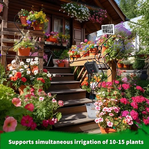 Solar Automatic Watering System Indoor Outdoor, 50Ft Plant Waterer for 15 Potted Plants, Automatic Drip Irrigation Kit with Watering Timer(12 Mode), Anti-Siphon, Solar Power & USB Rechargeable