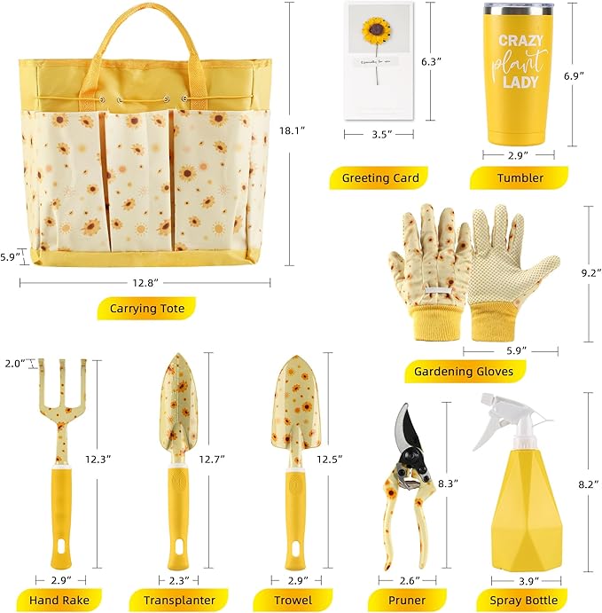 Sunflower Gardening Gifts for Women, Gardening Tools for Women, Garden Tool Set, Heavy Duty Gardening Hand Tools with Garden Tool Bag,Yellow